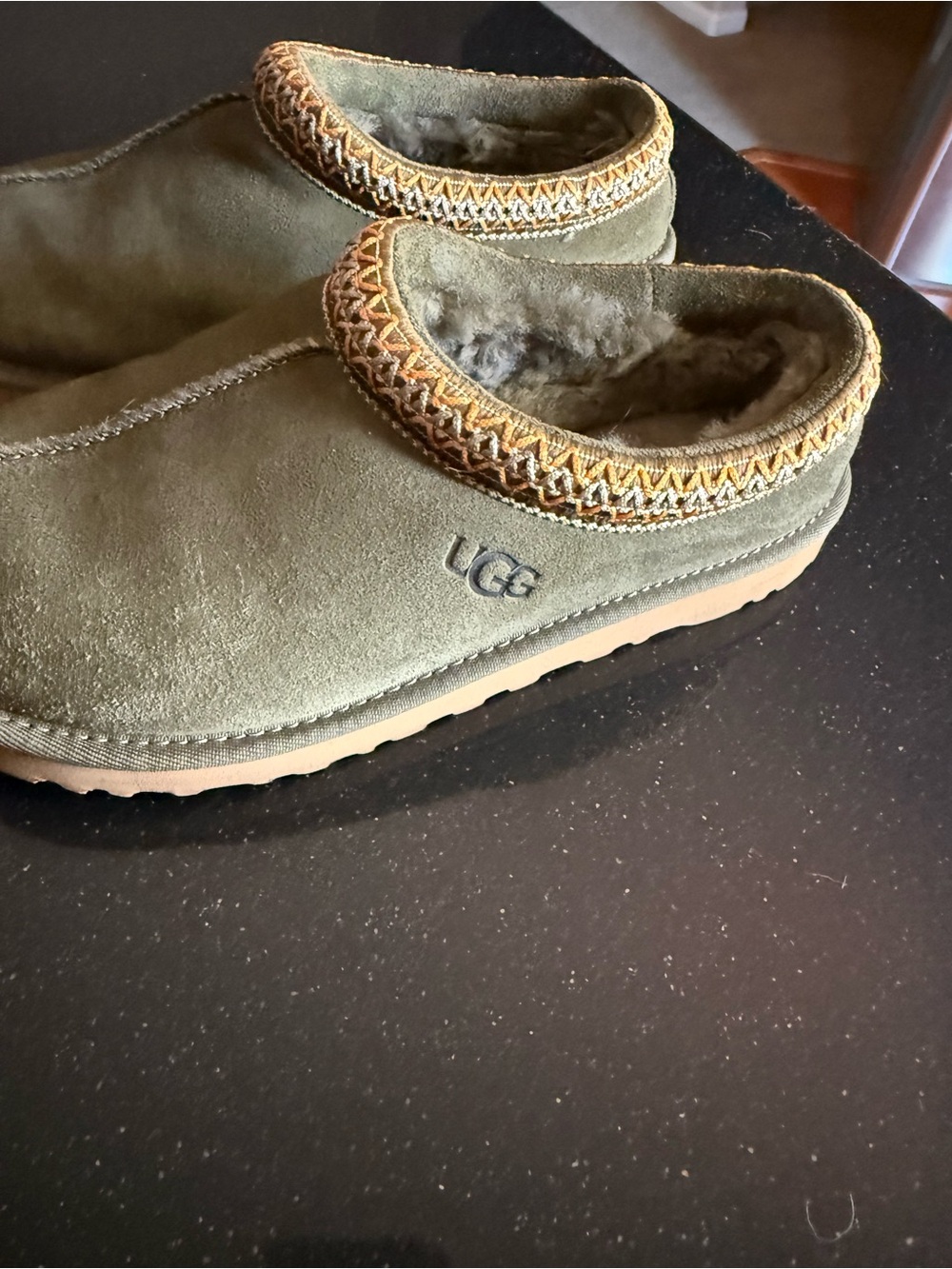 UGG Olive Suede Mule with Tan Trim